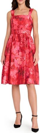 Tahari by ASL Floral Print Crinkle Belted Dress in Crimson at Nordstrom, Size 16P
