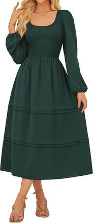 Grace Karin Womens Midi Dresses Casual Round Neck Fall 2025 Dress with Layered Elegant Dress with Pockets Dark Green XL