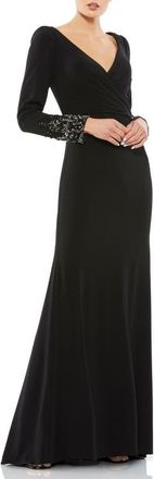 Mac Duggal Beaded Cuff Long Sleeve Wrap Over Trumpet Gown in Black at Nordstrom, Size 12