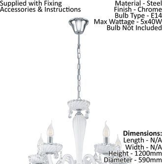 Loops Chandelier Pendant Light Colour Chrome Shade White Glass Droplets Bulb E14 5x40W