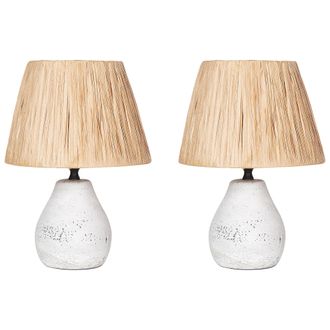 Beliani Beliani - Conjunto De 2 L&aacute;mparas De Cer&aacute;mica De Mesa Con Pantalla De Papel Efecto Envejecido Blanco Y Natural Arwadito