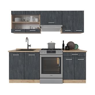Vicco Mueble De Cocina R-line, Hormig&oacute;n Negro/roble Dorado, 200 Cm Sin Encimera