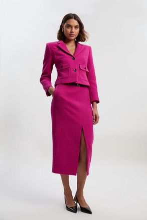 Karen Millen Womens Textured Tweed Tailored Belted Pencil Skirt - Fuchsia Cotton - Size 14 UK