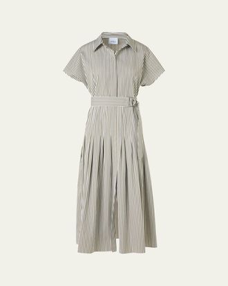 Akris Cap-Sleeve Belted Cotton Poplin Pleated Midi Shirtdress