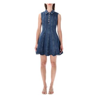 Self Portrait Short Dresses, female, Blue, Size: 2XS Denim Broderie Mini Dress