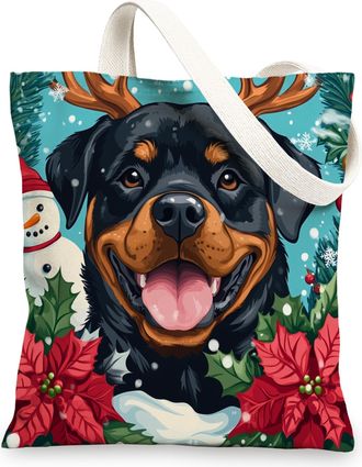 Generic Winter Christmas Rottweilers Dog Canvas Tote Bag for Shopping 13x15, Snowman Xmas Puppy Pet Reusable Grocery Print Bag for Women, Holiday Beach Aesthe