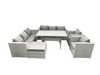 Fimous Rattan Garden Furniture Set Outdoor 8 Seater Patio Dinin g Sofa Sets with Dining Table 2 Chairs Big Footstool Light Grey Mixed