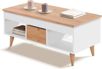 HOGAR 24 Mesa centro elevable con cajón y huecos, blanco y madera, 100x50x47cm