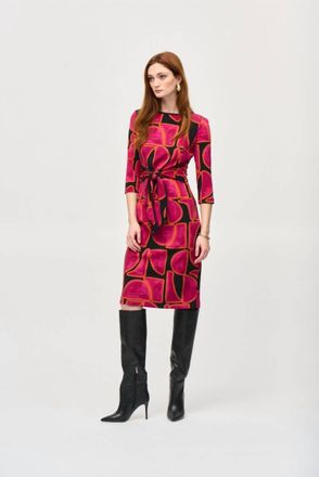 Joseph Ribkoff Abstract Print Waist Tie Sheath Dress In Black/multi