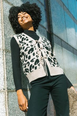 Roman Animal Print Tie Front Knit Top