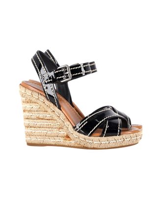 Prada Pre-owned Womens Cross Strap Wedge Sandals in Black Patent Leather - Size 37.5 EU/IT