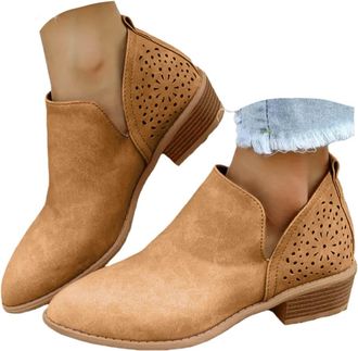 Generic Womens Ankle Boots Suede Leather Pointed Toe Chunky Stacked Low Heel Boots Side Zipper Vintage Flat Heel Casual Walking Short Booties V Cut Western Bo