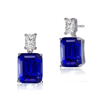 Rachel Glauber White Gold Plated with Colored Cubic Zirconia Rectangle Stud Earrings