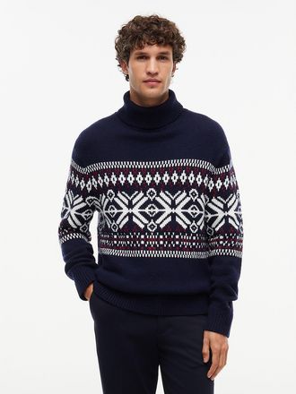 Tommy Hilfiger Mens Relaxed Fair Isle Wool-Blend Turtleneck - Blue Ivory - XL