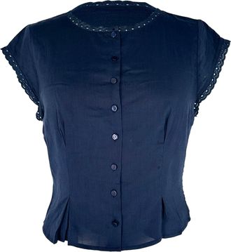Reformation Button-Down Cap-Sleeve Blouse in Navy Blue Cotton