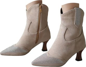 Generic Cowgirl Boots,Rhinestone Cowboy Boots for Women,Glitter Western Cowboy Pointed Toe Rhinestone Ankle Booties Retro Suede Mid Heel Fashion Booties with 