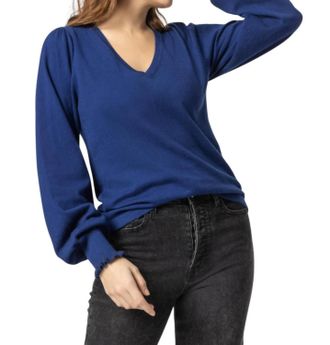 Lilla P Cotton Cashmere Puff Sleeve V-Neck Sweater In Nautilus