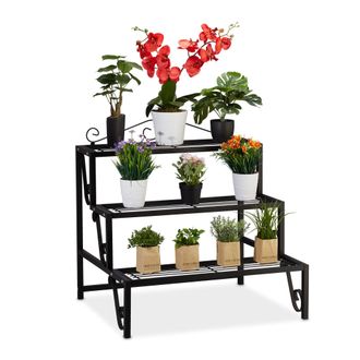 Relaxdays Escalera Plantas De Metal, 3 Pisos, Exterior E Interior, Estanter&iacute;a Flores Con Adornos, 69 X 70 X 60 Cm, Negro - Relaxdays