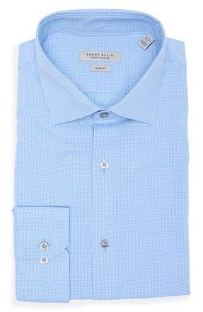 Perry Ellis Slim Fit Micro Check Dress Shirt in Blue at Nordstrom Rack, Size 17 - 34/35
