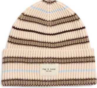 Rag & Bone Blake Stripe Wool Blend Rib Beanie in Ivory Multi at Nordstrom
