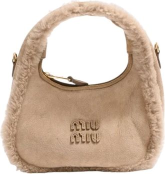 Miu Miu Pre-owned Wander Shearling Top Handle Tas - Dames - Vintage Mini Tas - Beige - ONE Size - Leer - Vintage