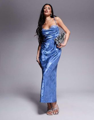 Ra-Re London satin ruched bust open strappy back maxi dress in blue butterfly print