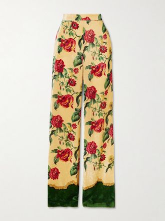 Valentino Garavani Pantaloni A Gamba Dritta In Velluto Jacquard Floreale - Verde