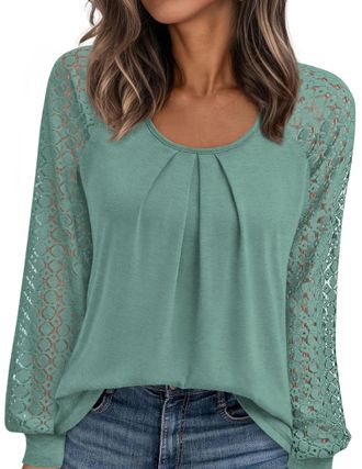 PrettyGarden Womens Long Sleeve Shirts Lace Tops 2025 Fall Fashion Outfits Dressy Casual Blouses Work Clothes, Sage Green, M