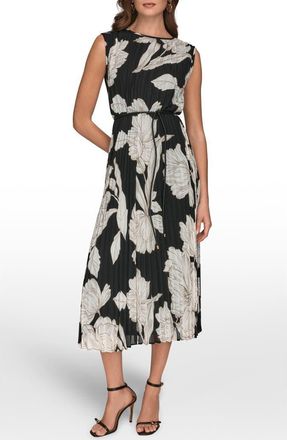 DKNY Belted Pleated Midi Dress in Black/Fawn/Cream at Nordstrom, Size 12