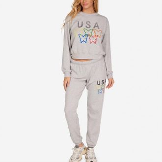 Lauren Moshi Spalding Usa Butterflies Sweatshirt And Matching Joggers In Heather Grey