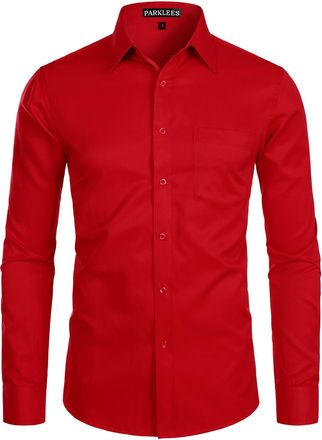 PARKLEES Mens Long Sleeve Dress Shirt Solid Slim Fit Casual Business Formal Button Up Shirts with Pocket Red 2XL