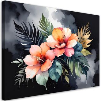 Feeby Cuadro Sobre Lienzo Flores Naranjas Hojas 100x70