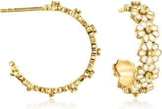 Ross-Simons Yellow Sapphire and White Enamel Flower Hoop Earrings in 18kt Gold Over Sterling