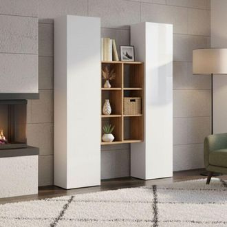 Dmora Aparador Ddeluc, Juego De Sal&oacute;n Con 2 Puertas Y Estantes, Buffet De Sal&oacute;n, Aparador De Cocina, 100% Made In Italy, 140x30h180 Cm, Blanco Brillo Y Arce
