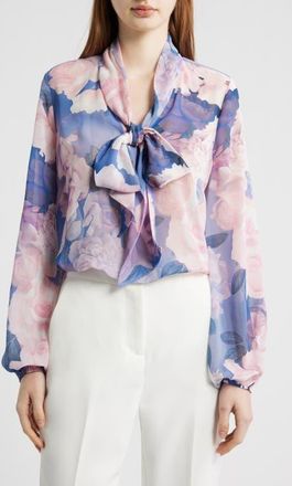 Tahari by ASL Bow Neck Top in Blue Petal Floral at Nordstrom, Size X-Small