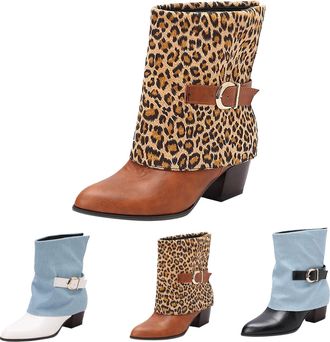 Generic Womens Leopard Mid-Calf Boots with Side Zipper Fold Over Pointed Toe Booties Slouchy Low Chunky Heel Buckle Ankle Boots Ladies Comfortable Non-Slip Ru