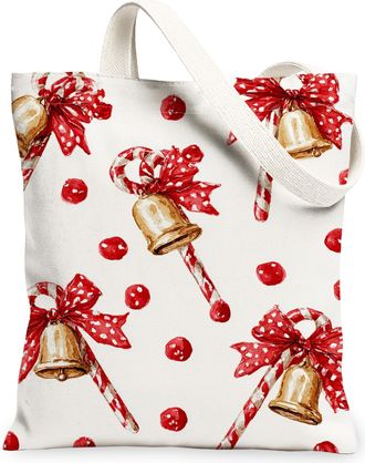 Generic Festive Canvas Tote Bags, Vintage Bell and Ribbon Pattern Reusable Shopping Bags, Lightweight Washable Canvas for Gym Outdoor Travel 13x15 Inch