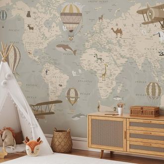 HEXOA Papel pintado infantil mapamundi y globos aerostáticos 364x270cm