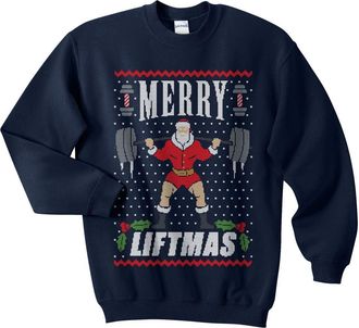 Sanfran Clothing Sanfran - Merry Liftmas Top Christmas Xmas Weightlifting Gym Ugly Jumper Sweater - Medium/Navy Blue