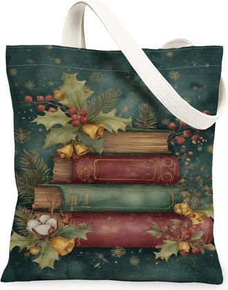 Generic Christmas Vintage Floral Canvas Tote Bags, Holiday Books Pattern Reusable Bags, Lightweight Washable Shoulder Strap for Tra, Green, 13x15 Inch