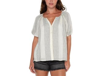 Liverpool L.A. Puff Sleeve Button Front Shirred Woven Top Womens Clothing Vintage White Black Stripe : LG, Cotton/Rayon/Spandex
