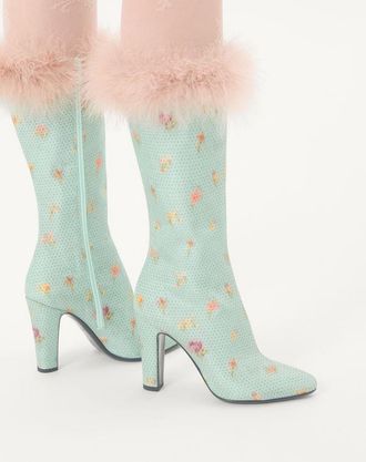 Valentino Garavani Stivale Hotty In Tessuto Chinè Fiori & Pois Con Piume 100Mm Donna CELESTE 36.5