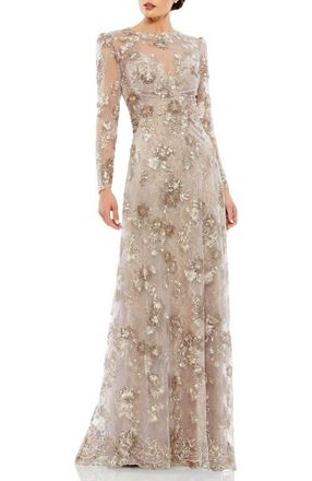 Mac Duggal Floral Embroidered Illusion Long Sleeve Evening Gown in Mocha at Nordstrom, Size 14