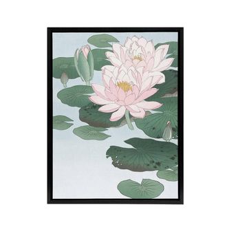 Artery8 Water Lily Pads Pink Flower Bloom Framed Canvas Wall Art Print Koson | Size: W24 x H32