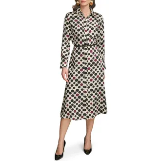 DKNY Mixed Dot Long Sleeve Belted Midi Shirtdress in Light Canvas/Berry Multi at Nordstrom Rack, Size 12