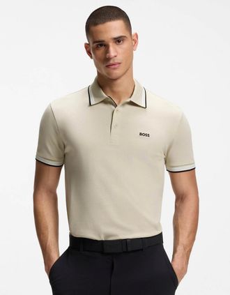 HUGO BOSS Mens BOSS Green Paddy Mens Cotton-Piqu&eacute; Polo Shirt with Contrast Logo - Light Beige 276 - Tan - Size: 42
