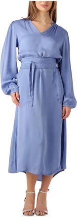 Lollys Laundry Kleedjes, Dames, Blauw, XS, Blauwe Midi Jurk met Lange Mouwen