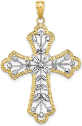 Diamond2Deal 14k Yellow Gold W/ Rhodium and D/C Leaves And Beaded Cross Charm Pendant