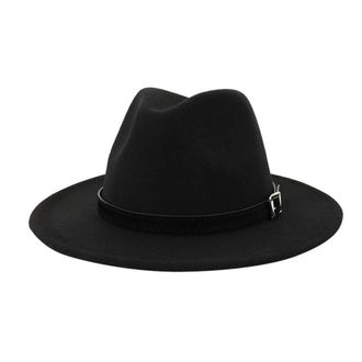 Generic Unisex Classic Fedora Hats Belt Buckle Wide Brim Solid Color Cotton Autumn Winter Jazz Caps Wedding Formal Occasion Church Hat for Women Men Black