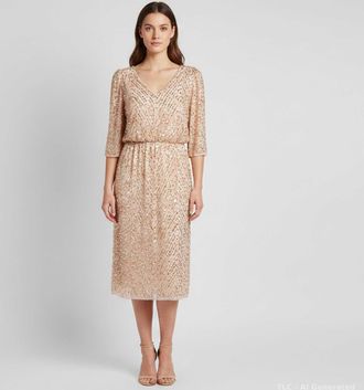 Jenny Packham Pink-Gold Chiffon Sequin Embellished Midi Dress